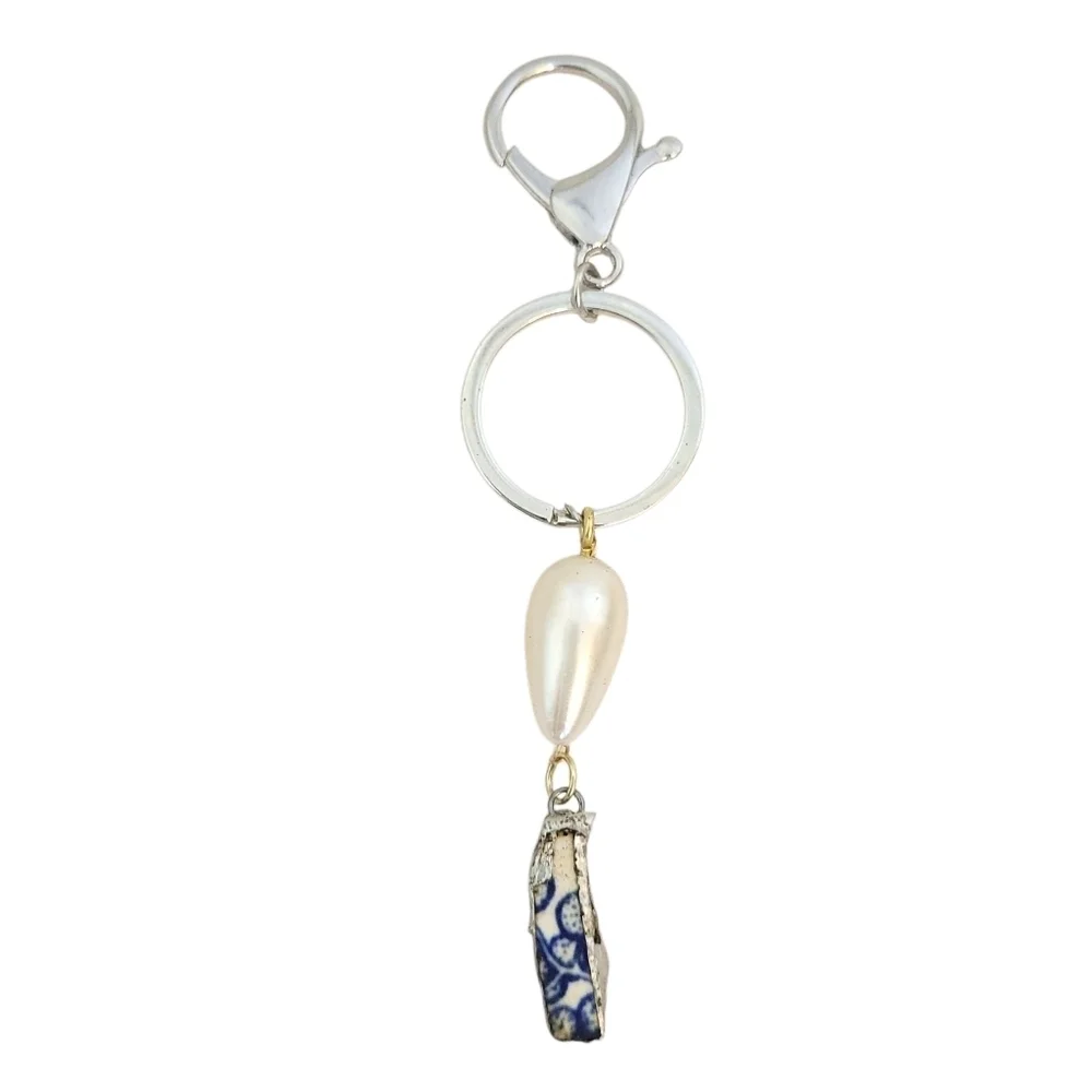 Upcycled Blue Willow China & Pearl Teardrop Keychain Handmade